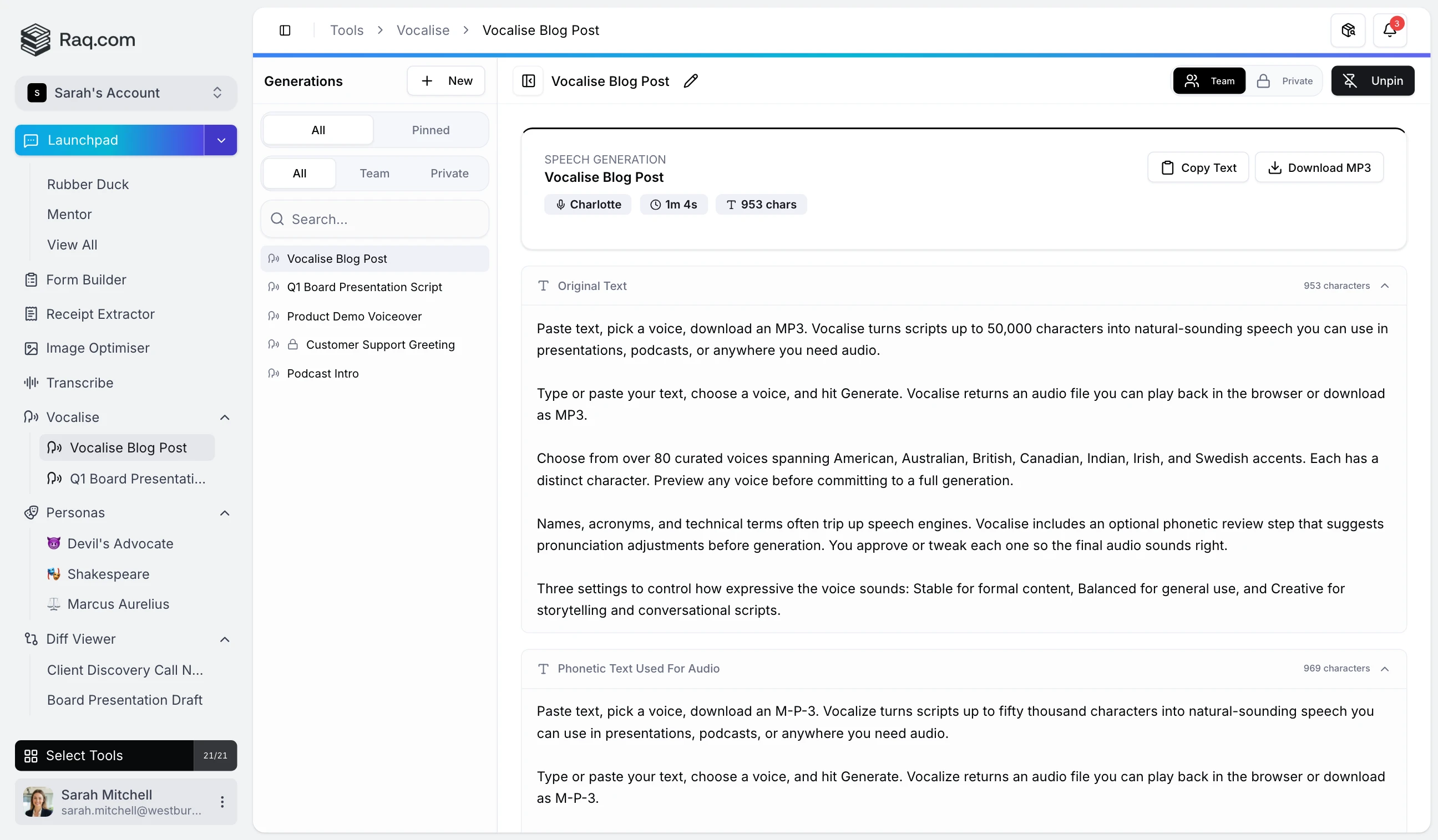 Vocalise: Studio-Quality Speech from a Text Box
